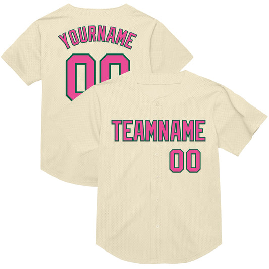 Custom Cream Pink-Kelly Green Mesh Authentic Throwback Baseball Jersey - Sky-Custom