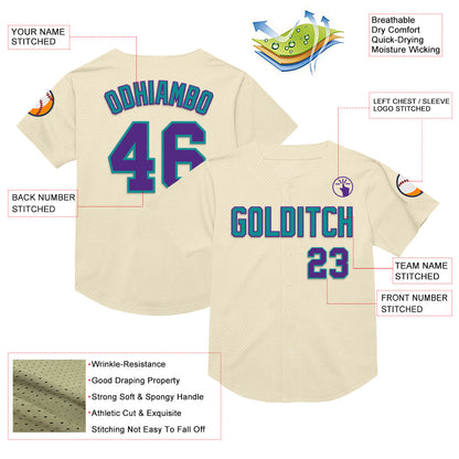 Custom Cream Purple-Teal Mesh Authentic Throwback Baseball Jersey - Sky-Custom