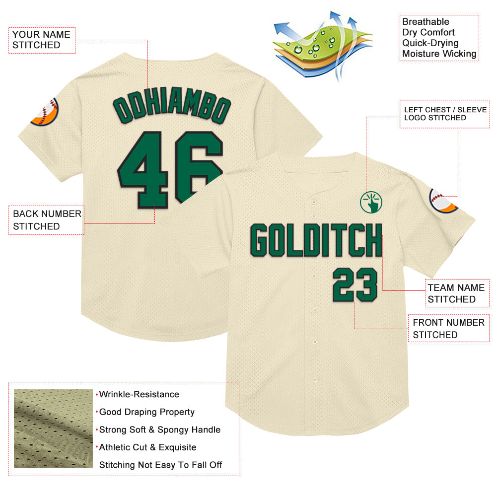 Custom Cream Kelly Green-Black Mesh Authentic Throwback Baseball Jersey - Sky-Custom