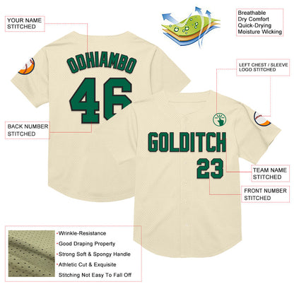 Custom Cream Kelly Green-Black Mesh Authentic Throwback Baseball Jersey - Sky-Custom