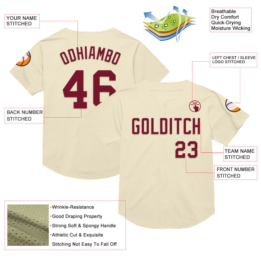 Custom Cream Crimson Mesh Authentic Throwback Baseball Jersey - Sky-Custom