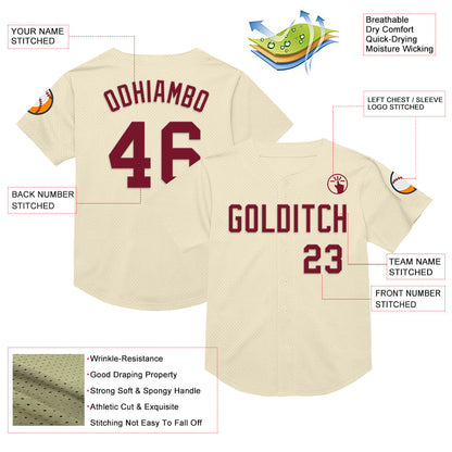 Custom Cream Crimson Mesh Authentic Throwback Baseball Jersey - Sky-Custom