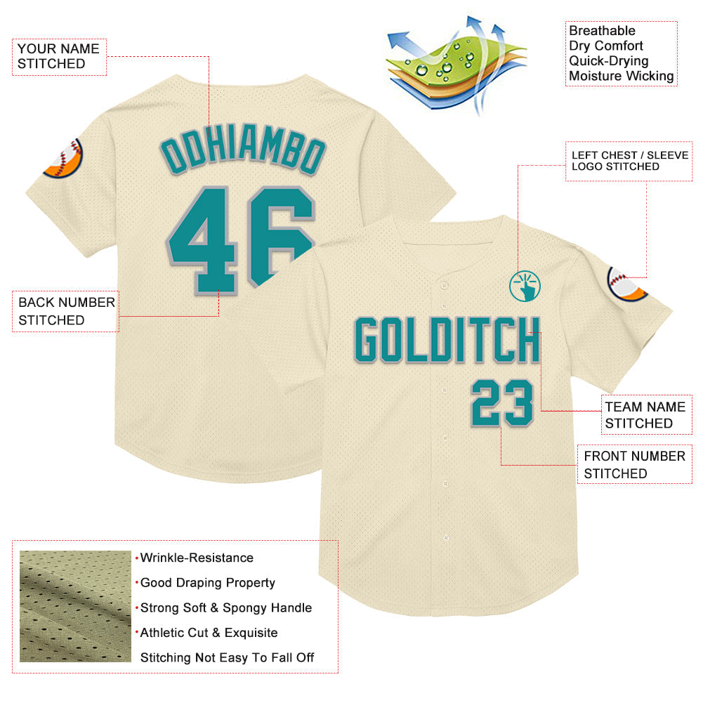 Custom Cream Teal-Gray Mesh Authentic Throwback Baseball Jersey - Sky-Custom