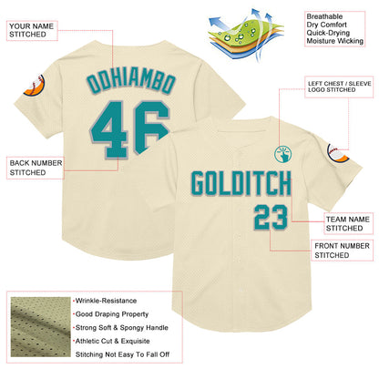 Custom Cream Teal-Gray Mesh Authentic Throwback Baseball Jersey - Sky-Custom