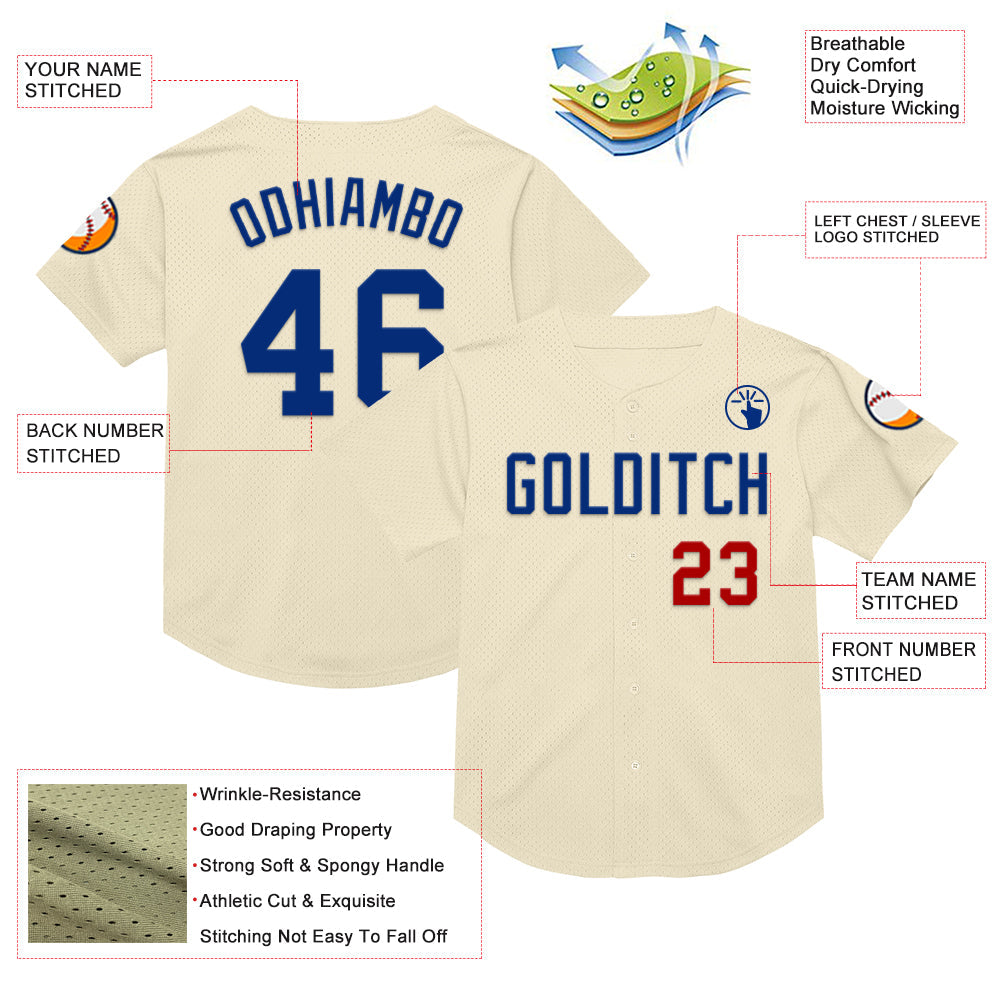 Custom Cream Royal-Red Mesh Authentic Throwback Baseball Jersey - Sky-Custom