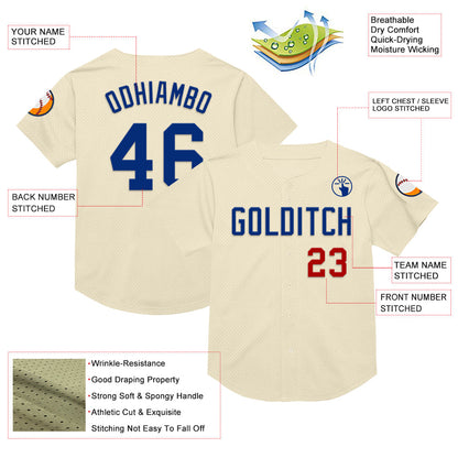 Custom Cream Royal-Red Mesh Authentic Throwback Baseball Jersey - Sky-Custom
