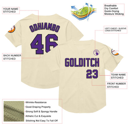 Custom Cream Purple-Black Mesh Authentic Throwback Baseball Jersey - Sky-Custom