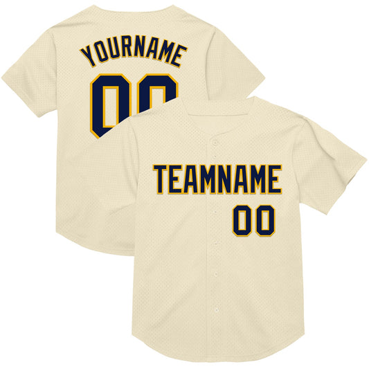 Custom Cream Navy-Gold Mesh Authentic Throwback Baseball Jersey - Sky-Custom