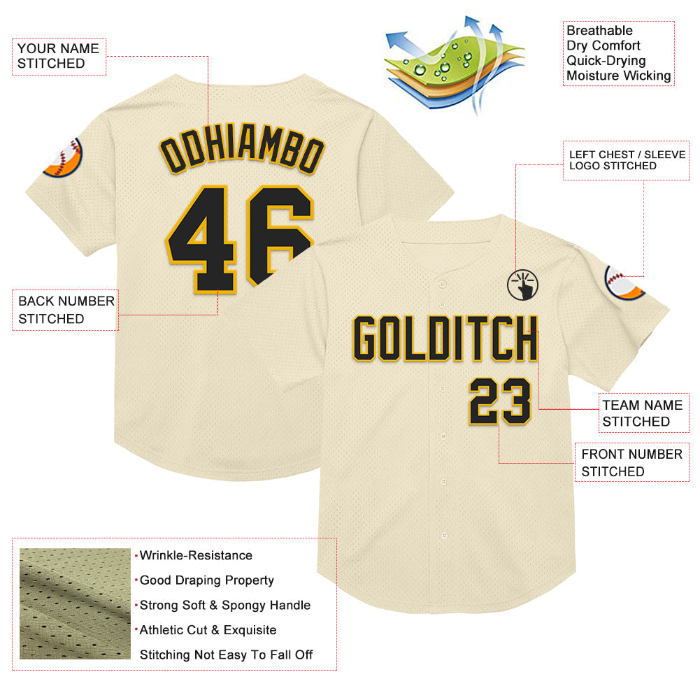 Custom Cream Black-Gold Mesh Authentic Throwback Baseball Jersey - Sky-Custom