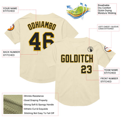 Custom Cream Black-Gold Mesh Authentic Throwback Baseball Jersey - Sky-Custom
