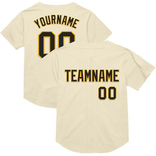 Custom Cream Black-Gold Mesh Authentic Throwback Baseball Jersey - Sky-Custom