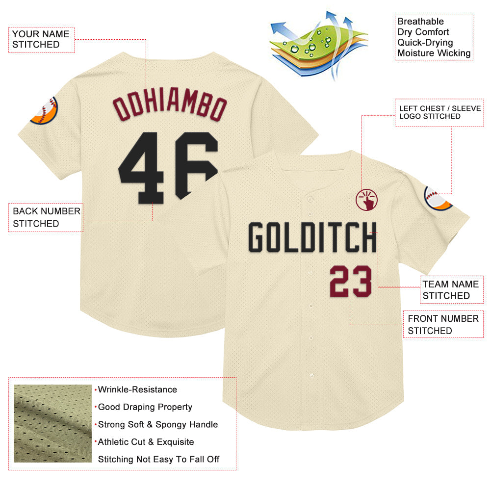 Custom Cream Black-Crimson Mesh Authentic Throwback Baseball Jersey - Sky-Custom