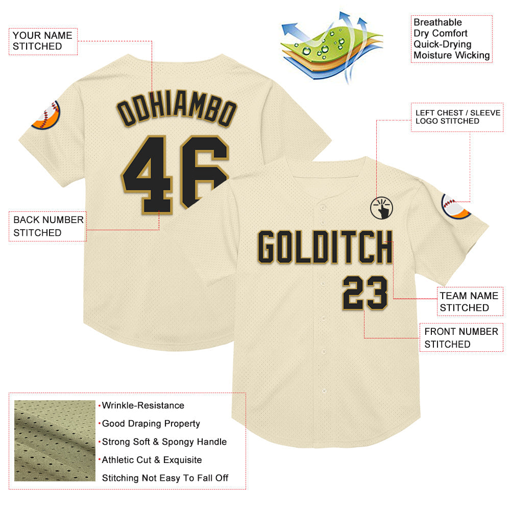 Custom Cream Black-Old Gold Mesh Authentic Throwback Baseball Jersey - Sky-Custom