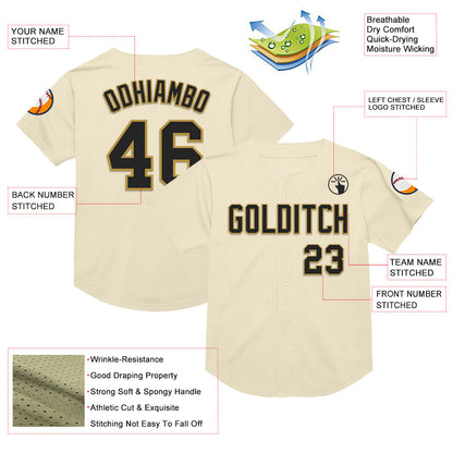 Custom Cream Black-Old Gold Mesh Authentic Throwback Baseball Jersey - Sky-Custom