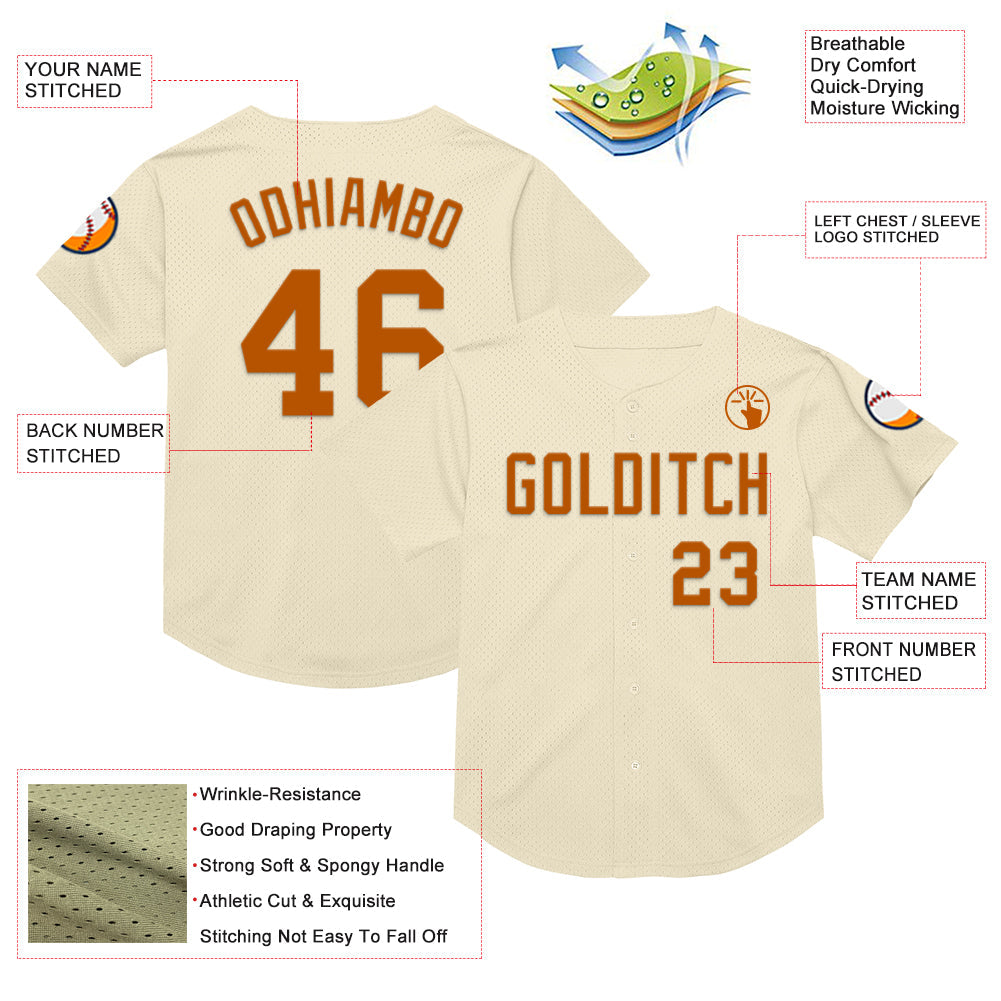 Custom Cream Texas Orange Mesh Authentic Throwback Baseball Jersey - Sky-Custom