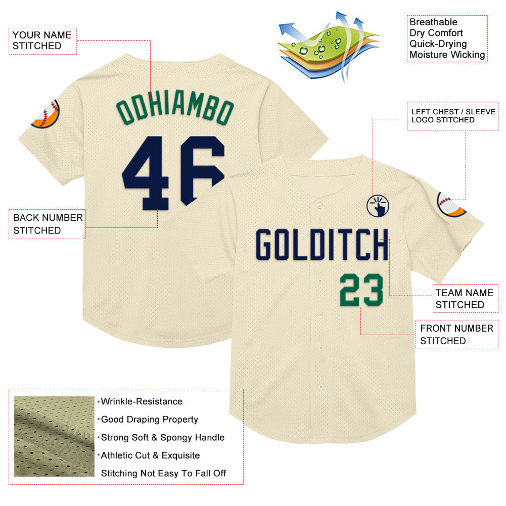 Custom Cream Navy-Kelly Green Mesh Authentic Throwback Baseball Jersey - Sky-Custom