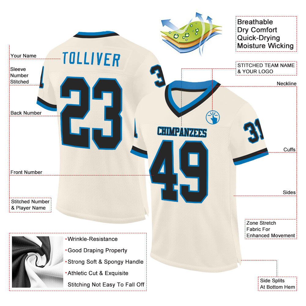 Custom Cream Black-Blue Mesh Authentic Throwback Football Jersey - Sky-Custom