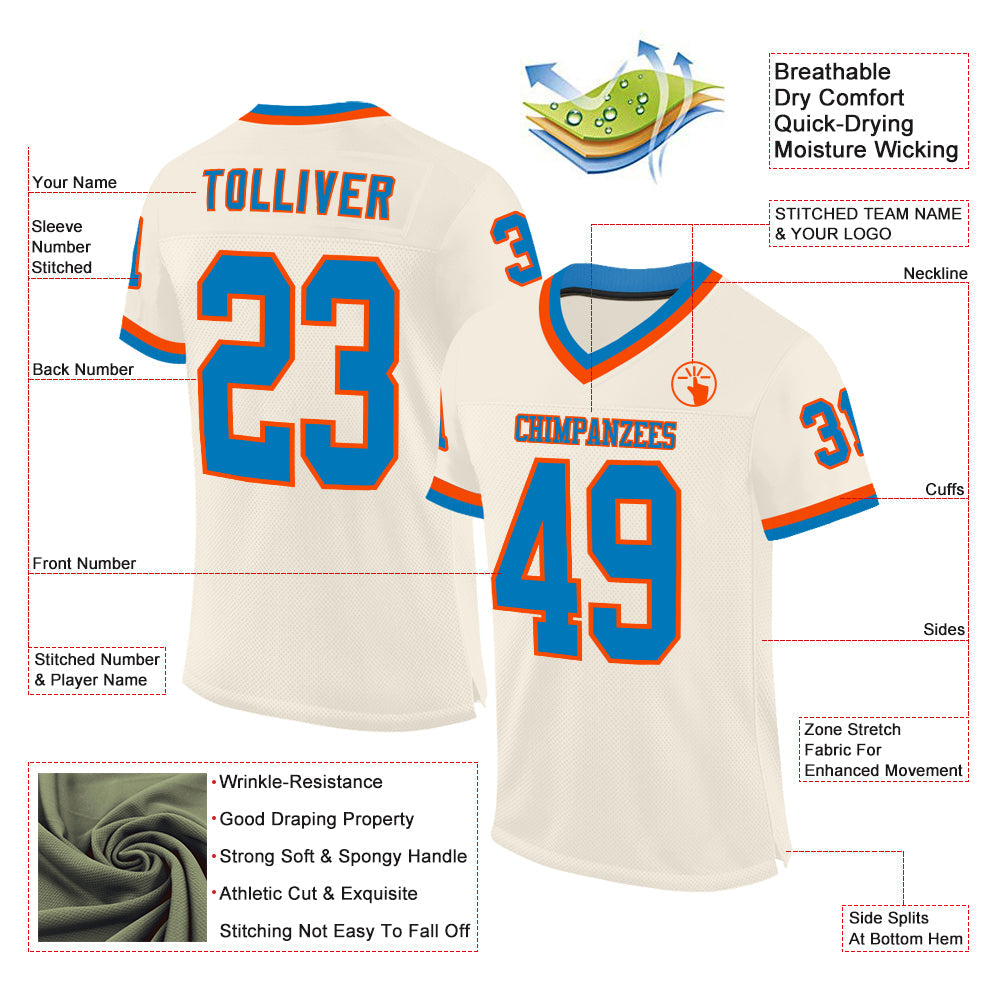 Custom Cream Blue-Orange Mesh Authentic Throwback Football Jersey - Sky-Custom