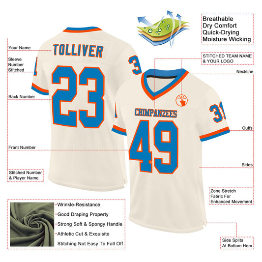 Custom Cream Blue-Orange Mesh Authentic Throwback Football Jersey - Sky-Custom