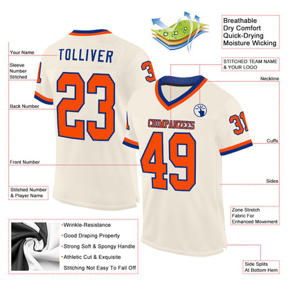 Custom Cream Orange-Royal Mesh Authentic Throwback Football Jersey - Sky-Custom