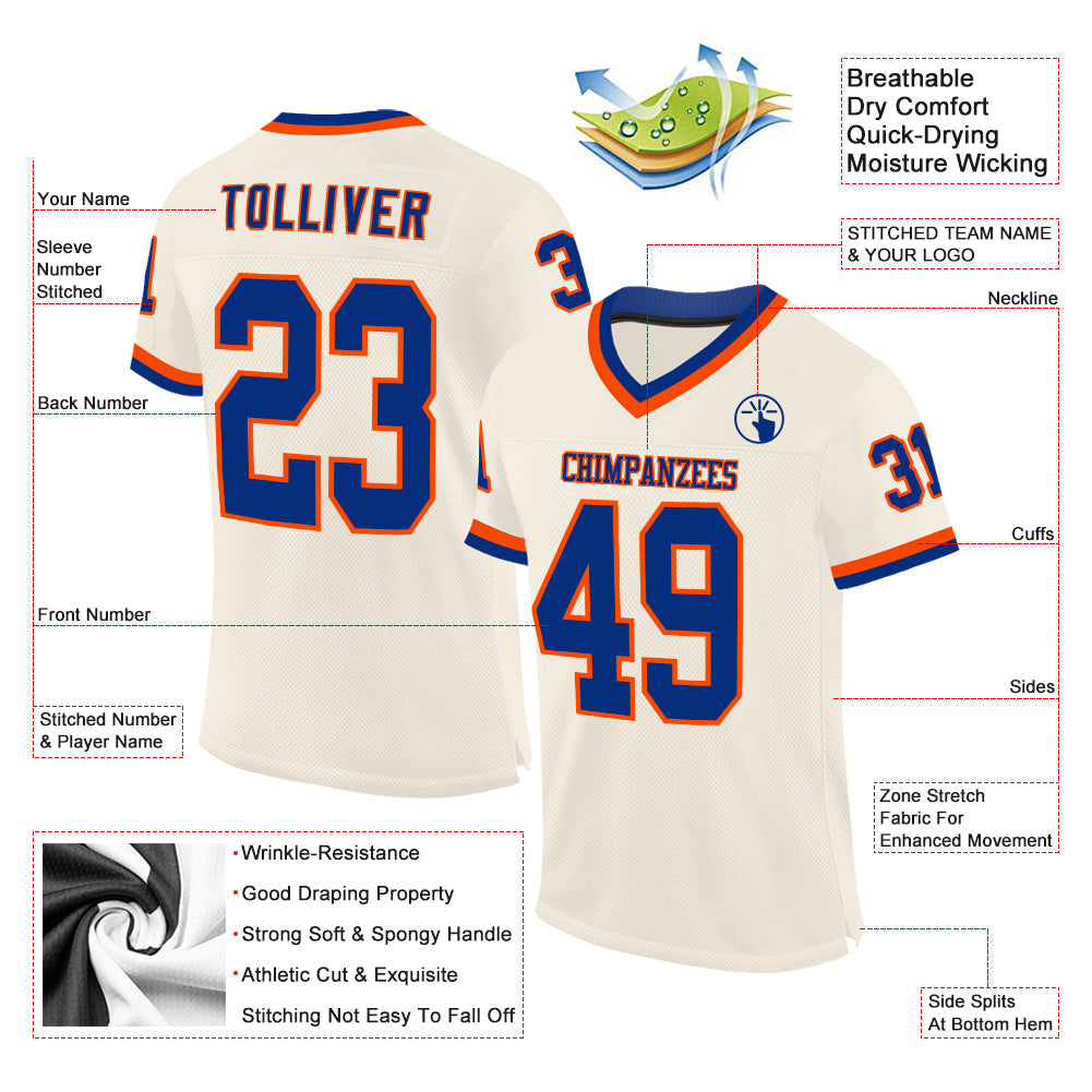 Custom Cream Royal-Orange Mesh Authentic Throwback Football Jersey - Sky-Custom