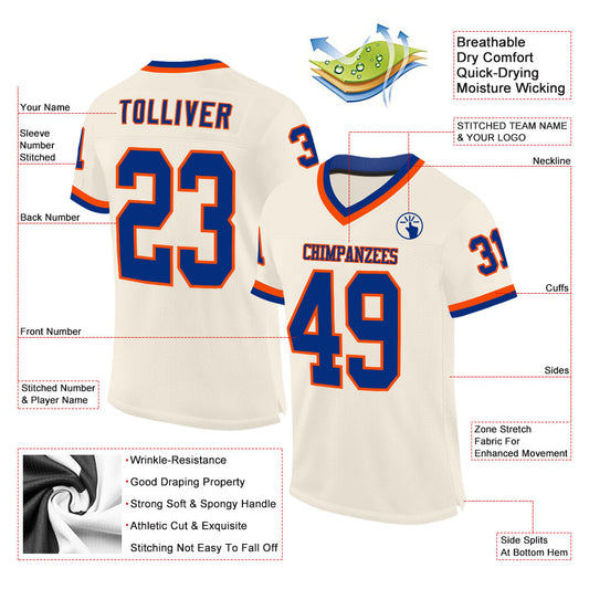 Custom Cream Royal-Orange Mesh Authentic Throwback Football Jersey - Sky-Custom