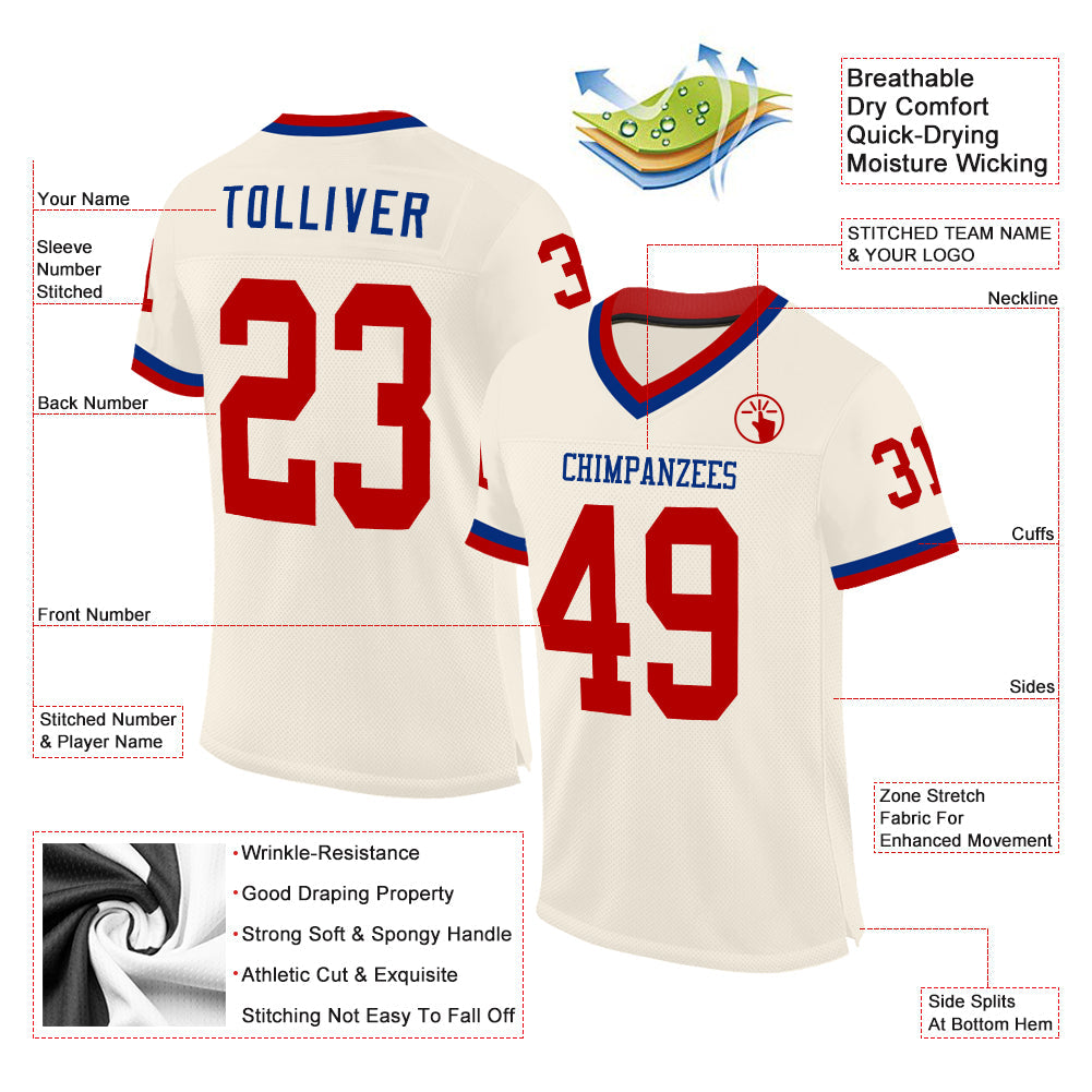 Custom Cream Red-Royal Mesh Authentic Throwback Football Jersey - Sky-Custom