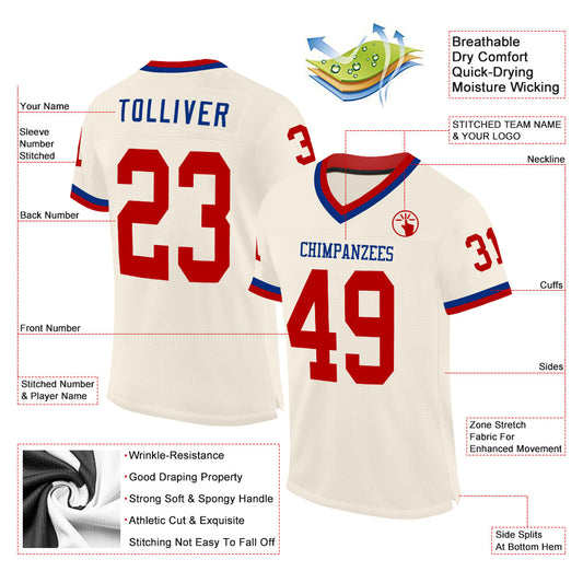 Custom Cream Red-Royal Mesh Authentic Throwback Football Jersey - Sky-Custom