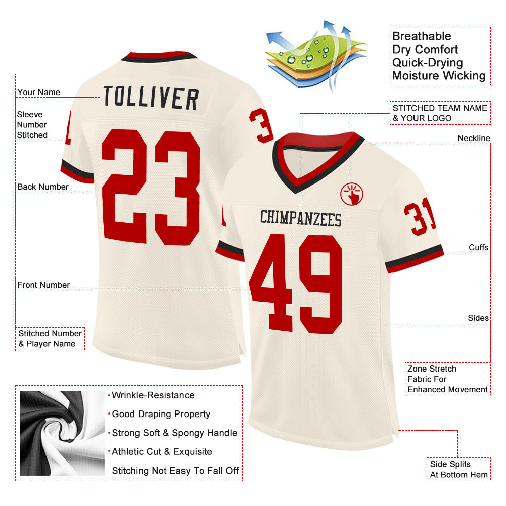 Custom Cream Red-Black Mesh Authentic Throwback Football Jersey - Sky-Custom