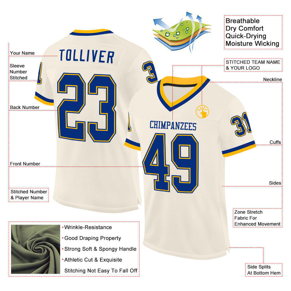 Custom Cream Royal-Gold Mesh Authentic Throwback Football Jersey - Sky-Custom
