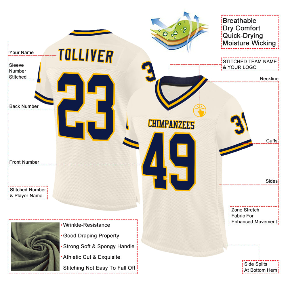 Custom Cream Navy-Gold Mesh Authentic Throwback Football Jersey - Sky-Custom
