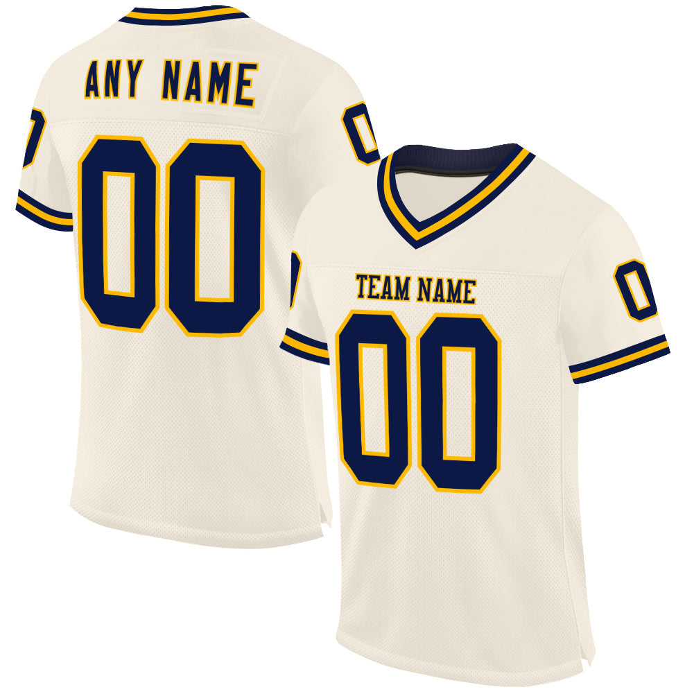 Custom Cream Navy-Gold Mesh Authentic Throwback Football Jersey - Sky-Custom