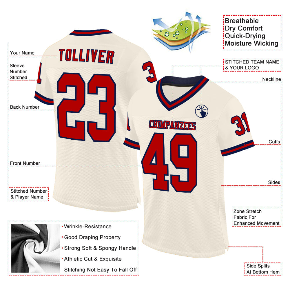 Custom Cream Red-Navy Mesh Authentic Throwback Football Jersey - Sky-Custom