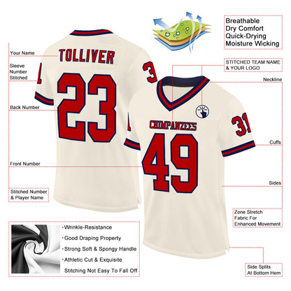 Custom Cream Red-Navy Mesh Authentic Throwback Football Jersey - Sky-Custom