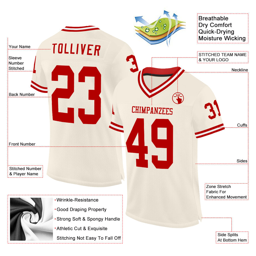 Custom Cream Red-White Mesh Authentic Throwback Football Jersey - Sky-Custom