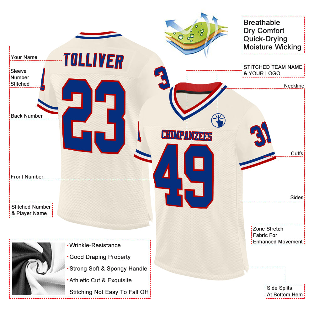 Custom Cream Royal Red-White Mesh Authentic Throwback Football Jersey - Sky-Custom