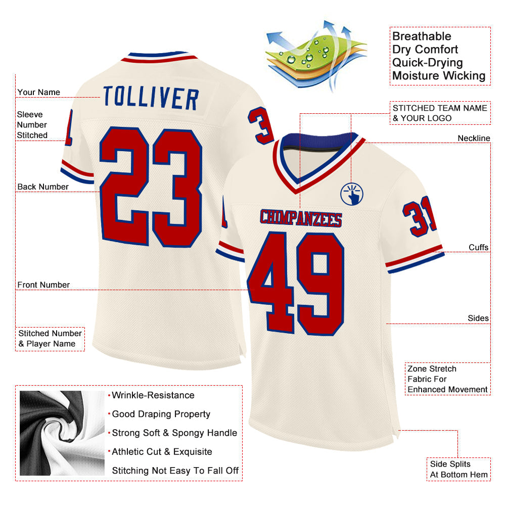 Custom Cream Red Royal-White Mesh Authentic Throwback Football Jersey - Sky-Custom