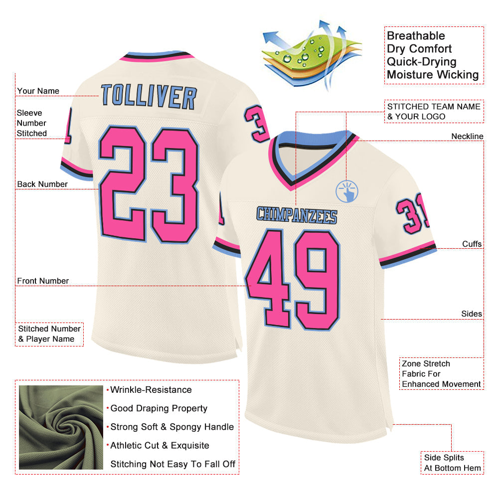 Custom Cream Pink Black-Light Blue Mesh Authentic Throwback Football Jersey - Sky-Custom
