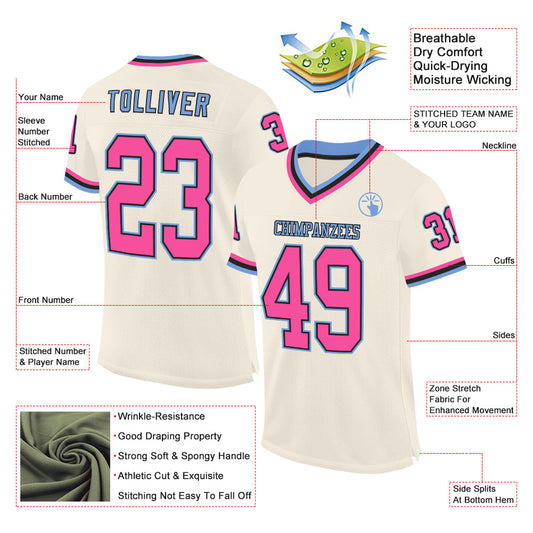 Custom Cream Pink Black-Light Blue Mesh Authentic Throwback Football Jersey - Sky-Custom