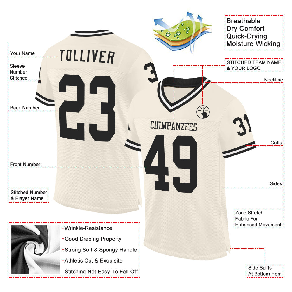Custom Cream Black-White Mesh Authentic Throwback Football Jersey - Sky-Custom