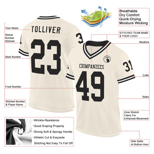 Custom Cream Black-White Mesh Authentic Throwback Football Jersey - Sky-Custom