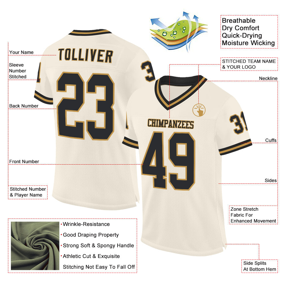 Custom Cream Black-Old Gold Mesh Authentic Throwback Football Jersey - Sky-Custom