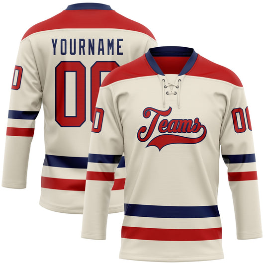 Custom Cream Red-Navy Hockey Lace Neck Jersey - Sky-Custom