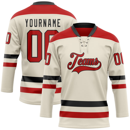 Custom Cream Red-Black Hockey Lace Neck Jersey - Sky-Custom