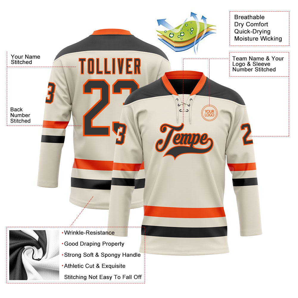Custom Cream Black-Orange Hockey Lace Neck Jersey - Sky-Custom