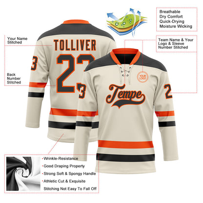 Custom Cream Black-Orange Hockey Lace Neck Jersey - Sky-Custom