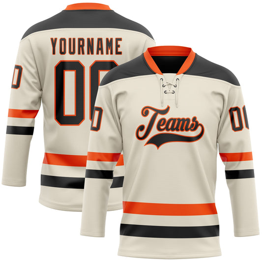 Custom Cream Black-Orange Hockey Lace Neck Jersey - Sky-Custom