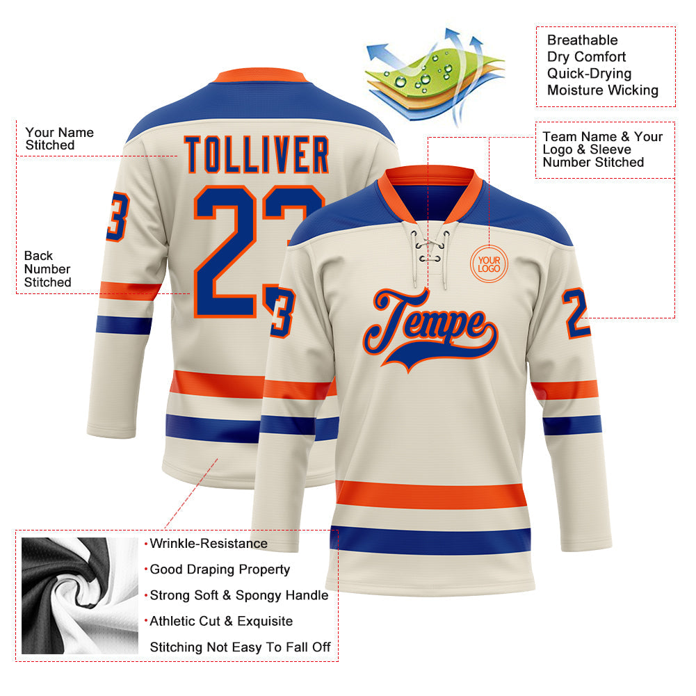 Custom Cream Royal-Orange Hockey Lace Neck Jersey - Sky-Custom