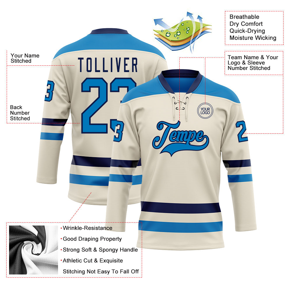 Custom Cream Blue-Navy Hockey Lace Neck Jersey - Sky-Custom
