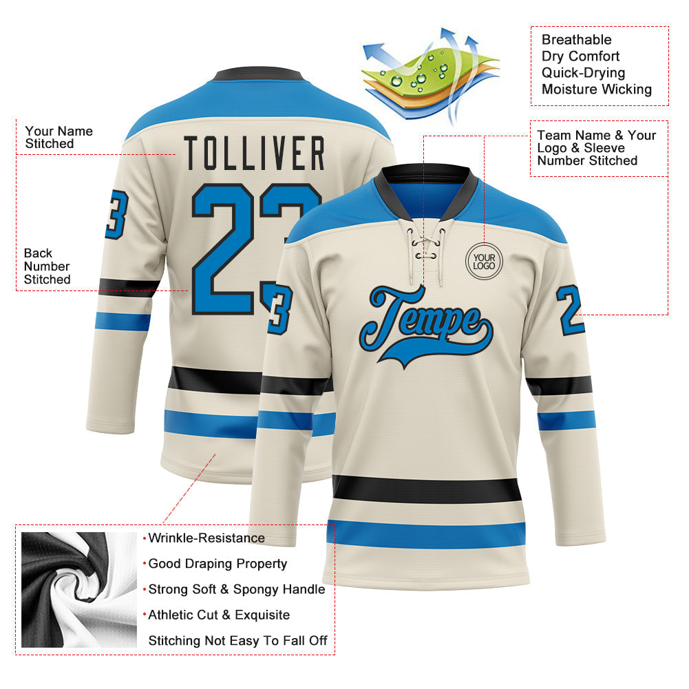 Custom Cream Blue-Black Hockey Lace Neck Jersey - Sky-Custom
